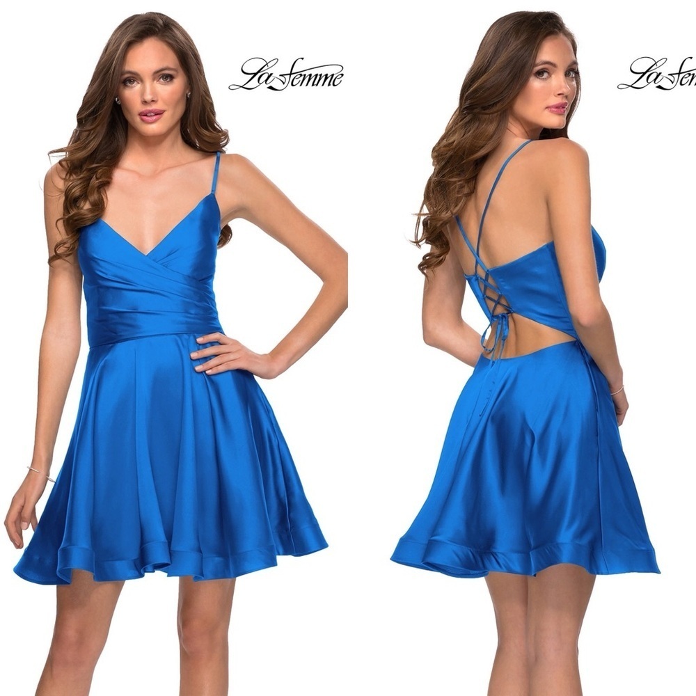 La Femme Short Satin Semi-Formal Blue Dress with Corset Sz 6